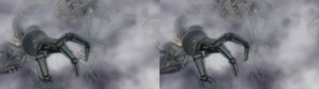 Animation shortfilm "Transthreeded" - stereoscopic screenshot - Alien robot emerging from crater by Andrés Avaray