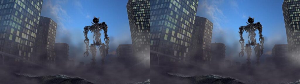 Animation shortfilm "Transthreeded" - stereoscopic screenshot - Alien robot watching over city by Andrés Avaray