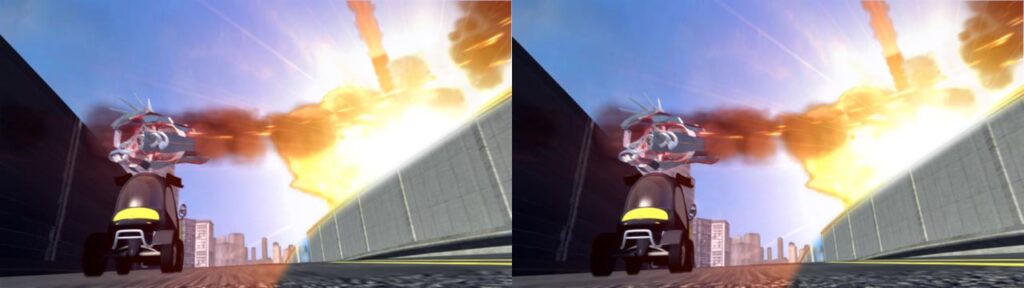 Animation shortfilm "Transthreeded" - stereoscopic screenshot - Robot transformed into a car with giant alien cannon attacking the city by Andrés Avaray