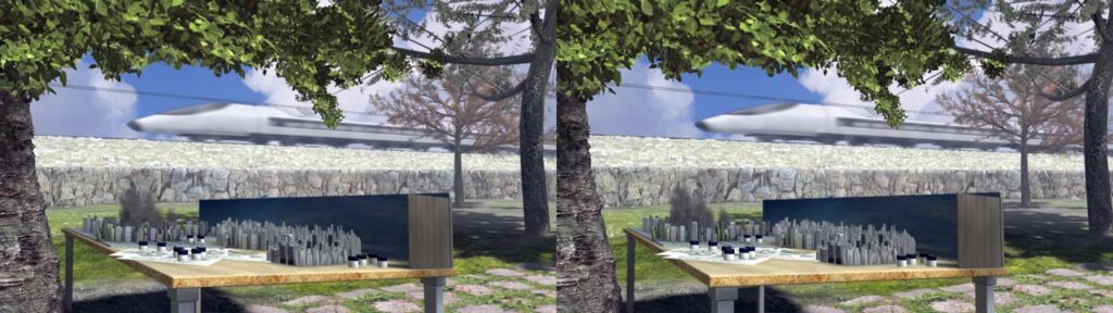 Animation shortfilm "Transthreeded" - stereoscopic screenshot - City model on country garden by Andrés Avaray