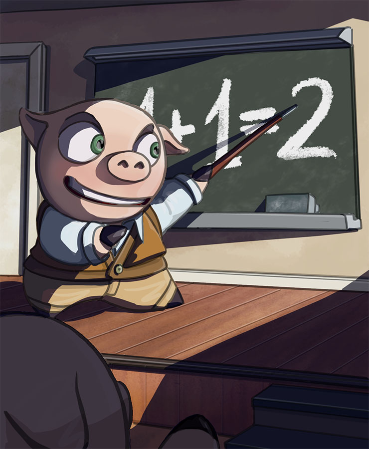 Pig rider card game - Character design - Pig piggy teacher teaching how to add two and two inf front of a blackboard