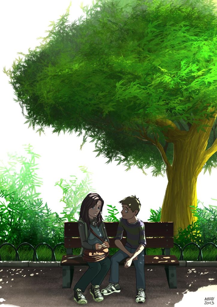 Cartoon digital illustration by Andrés Avaray - Teen couple sent on a bench at shadow cast by huge tree in a park trying to express their feelings
