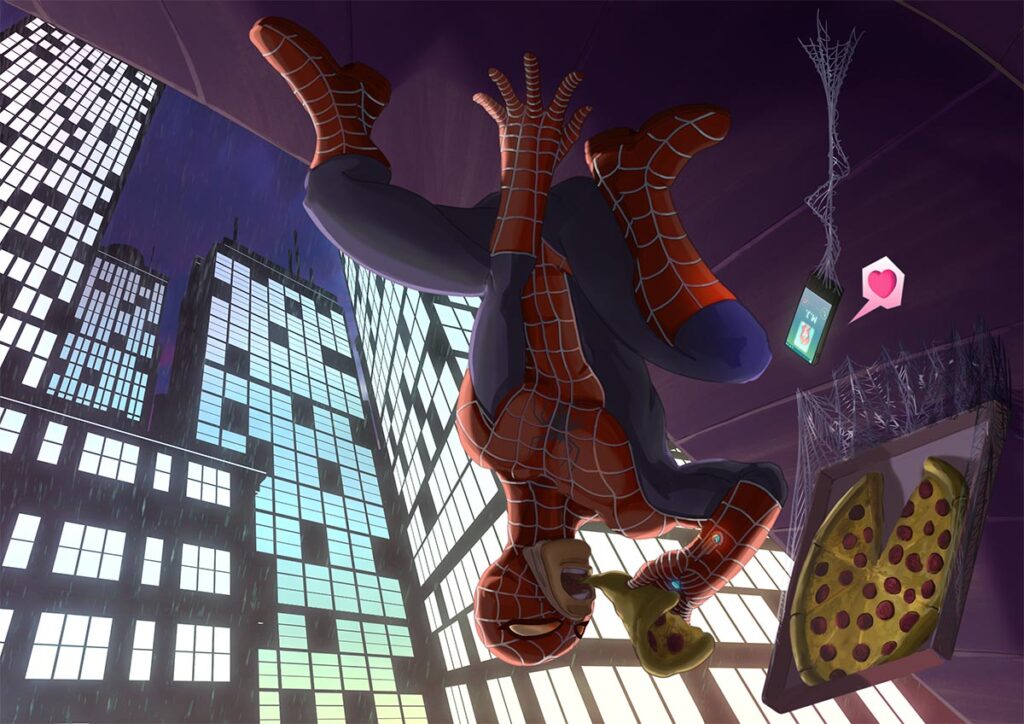 Cartoon Illustration by Andrés Avaray - Fan Art Spiderman Character eating pizza hanging from building