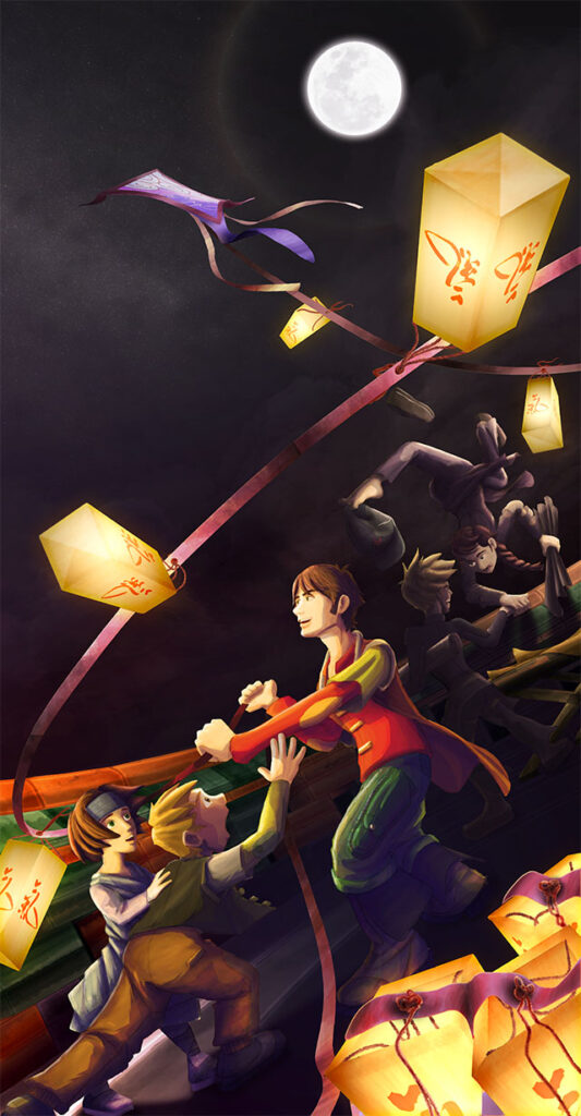 Cartoon Digital painting by Andrés Avaray - Chinese fantasy teens and childs playing with flying paper lanterns