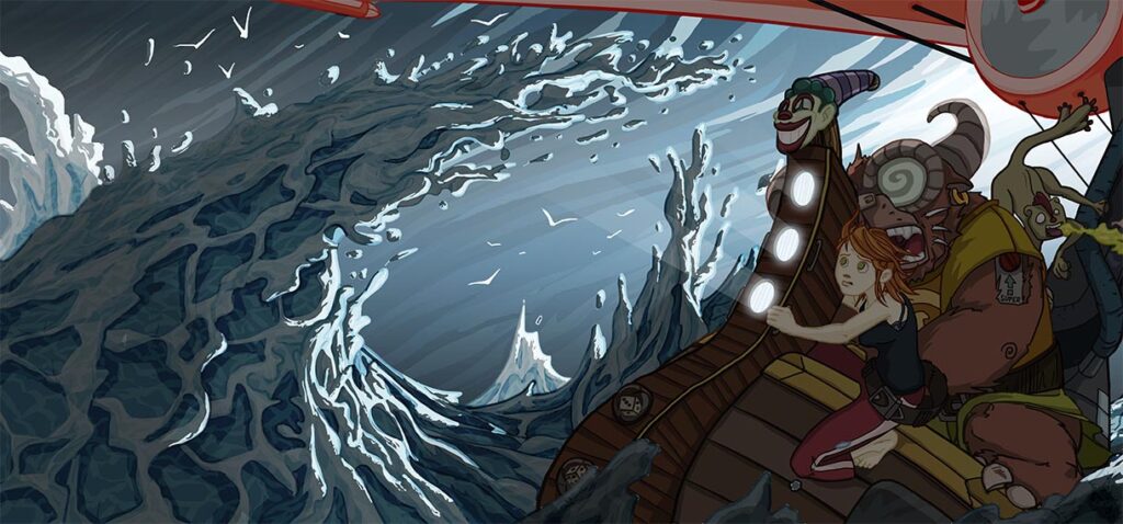 Cartoon digital illustration by Andrés Avaray - Funny creatures on a boar at a sea storm