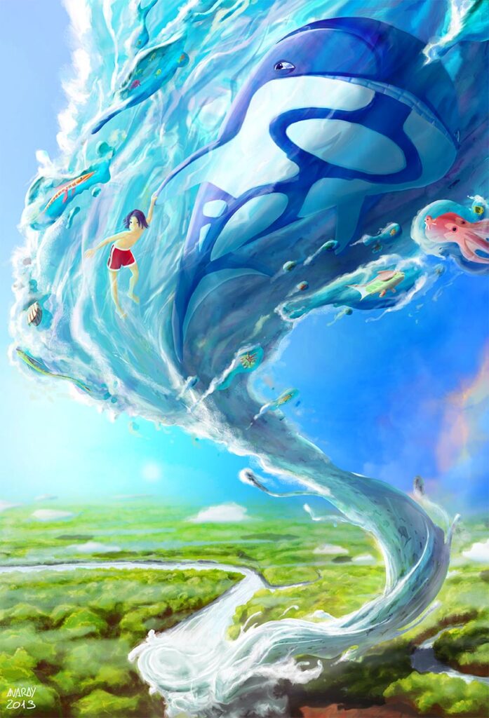 Cartoon digital painting by Andrés Avaray - Flying river, whale, boy and animals