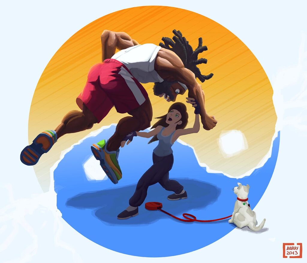 Cartoon digital painting by Andrés Avaray - Tai Chi scene - Small young woman defeating a huge professional fighter with almost no force