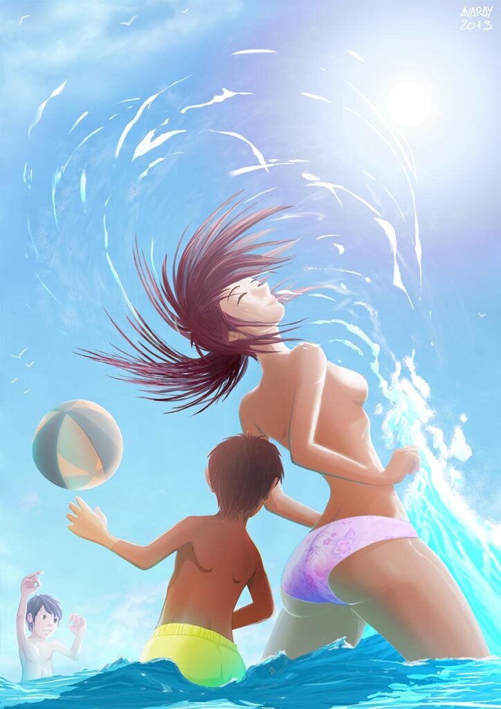 Cartoon digital painting by Andrés Avaray - Girl playing with her long hair and the water meanwhile childs playing with a ball look at her butt