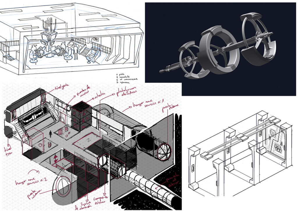 Concept Art 2D & 3D sketches for sci fi show project sceneries and starship by Andrés Avaray and Christian Suárez Páramo