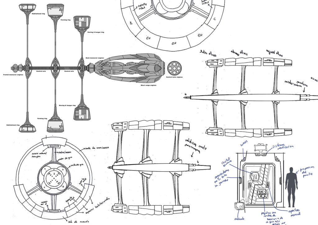 Rotating artificial gravity colonist spaceship sketches by Andrés Avaray and Christian Suárez Páramo
