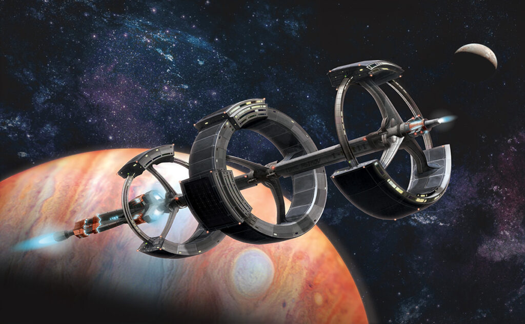 Rotating artificial gravity colonist spaceship concept art digital fantasy painting by Andrés Avaray and Christian Suárez Páramo