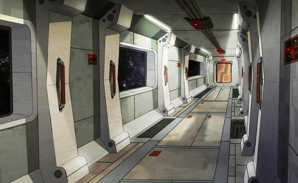 Set and scenery starship corridor design for sci fi show project by Andrés Avaray and Christian Suárez Páramo
