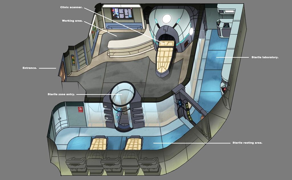 Set and scenery starship medical bay design for sci fi show project by Andrés Avaray and Christian Suárez Páramo