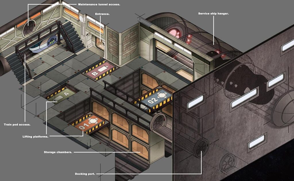 Set and scenery starship hangar bay design for sci fi show project by Andrés Avaray and Christian Suárez Páramo