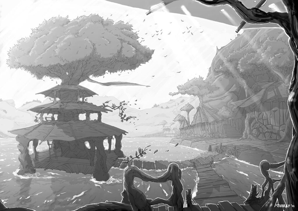 Scenery design concept art by Andrés Avaray - Fantasy village made from trees, branches and trunks under a strong wind