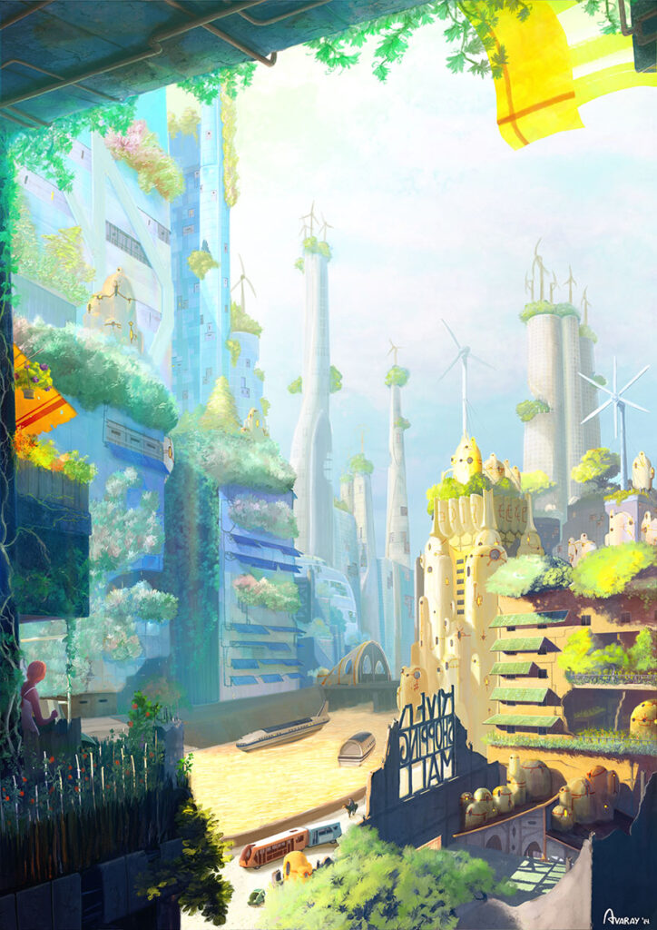 Future as a civilization in a world of huge available energy and raw materials decreasing levels digesting itself in a neverending recycling loop, mixing old and obsolete ways of living with some renewable and information technologies remaining where nature is coming back slowly - digital painting illustration by Andrés Avaray - painting illustration future recycling buildings renewable decreasing economy scifi technology museum skyline skyscrapers science futurism landscape city nature backtonature