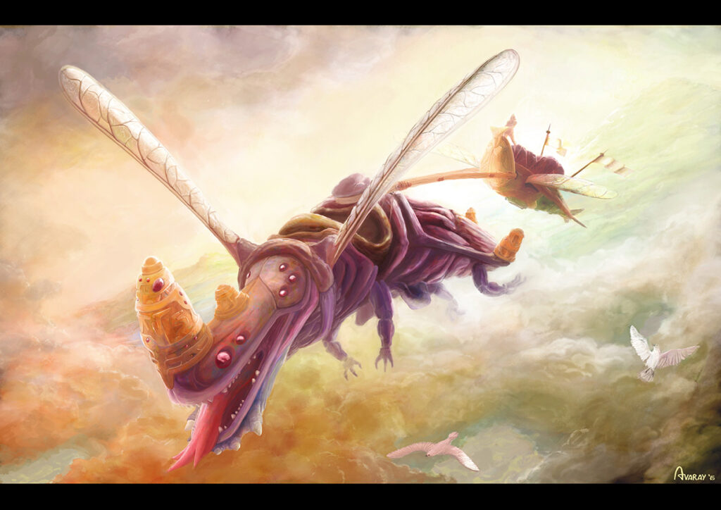 - Life of a flying insect beast of burden in some fantasy world at sunset among clouds - digital painting illustration by Andrés Avaray - fantasy creature vehicle game book scenery color palettes magic visual poetry
