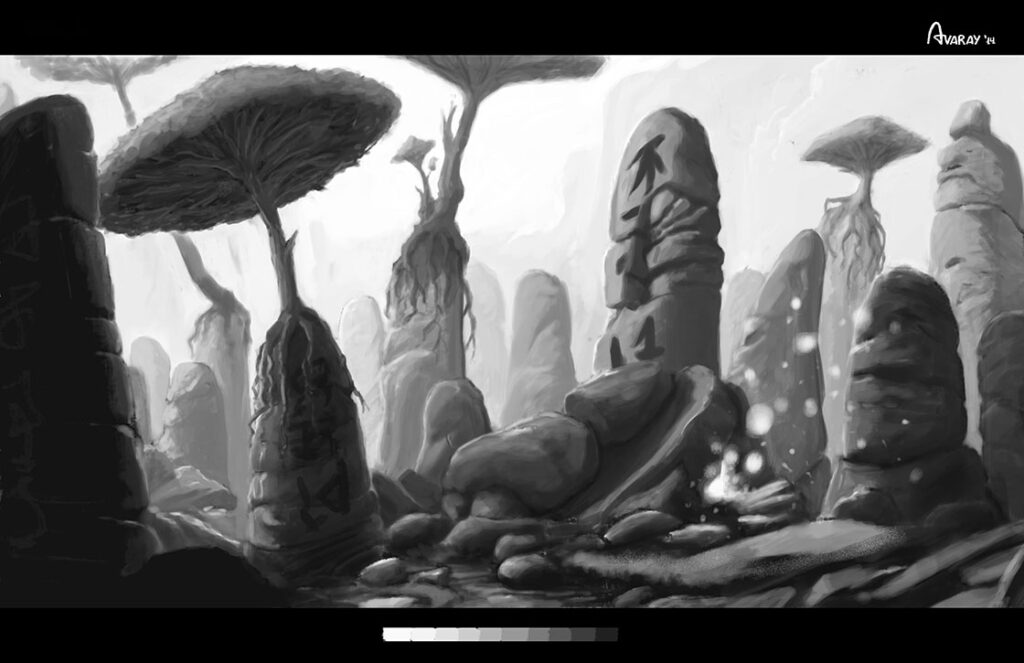 Grayscale scenery design - Digital painting concept art for videogame or film by Andrés Avaray - ancient ruins civilization