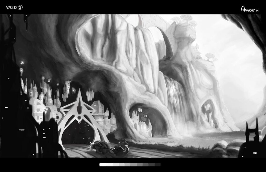 Grayscale scenery design - Digital painting concept art for videogame o film by Andrés Avaray - Ancient civilization science fiction or fantasy