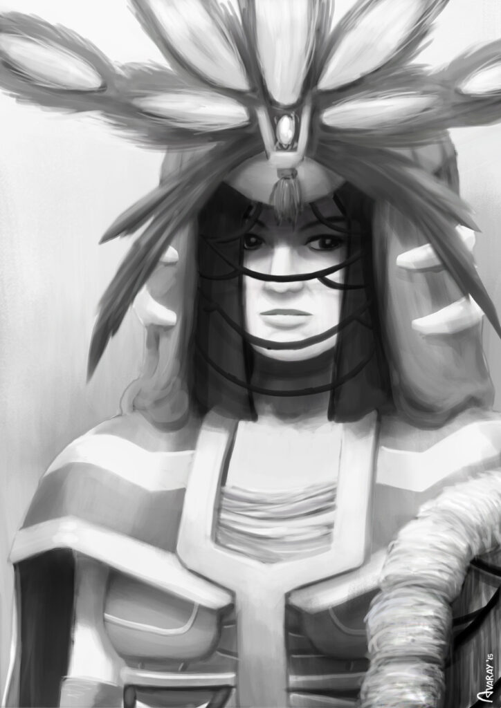 feathered priestess digital painting - character design concept art for video game or film by Andrés Avaray - Face study greyscale