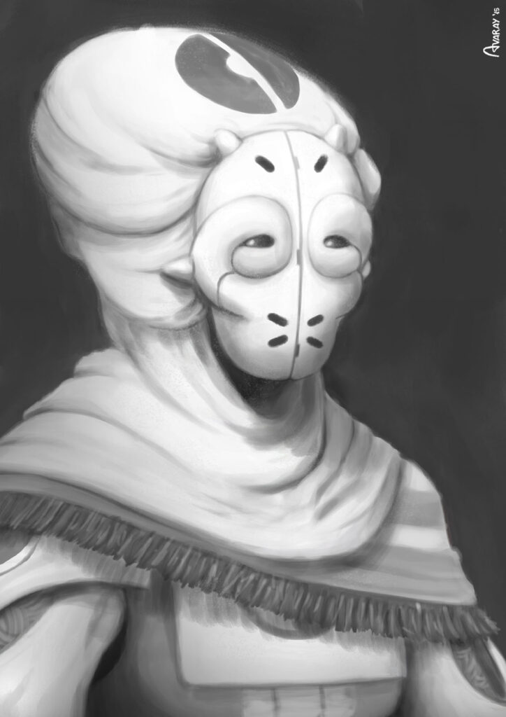 Masked priestess digital painting - character design concept art for game or film by Andrés Avaray - Face study