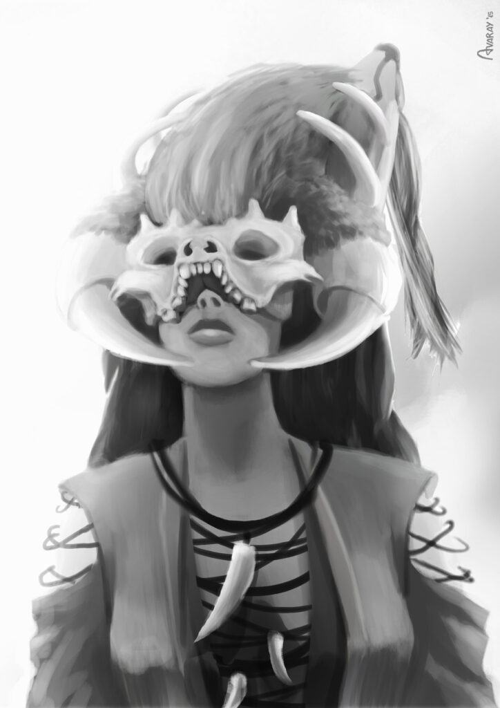 Skull helmete priestess digital painting - character design concept art by Andrés Avaray - Face study