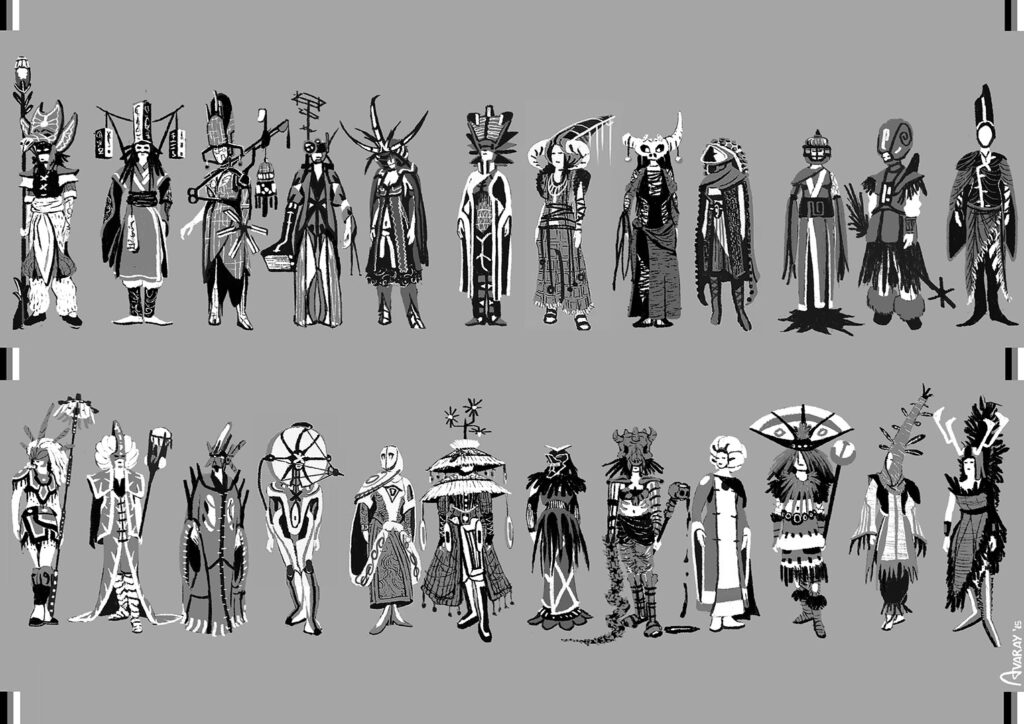 Character design exploration thumbnails concept art for fantasy or science fiction videogame or film by Andrés Avaray