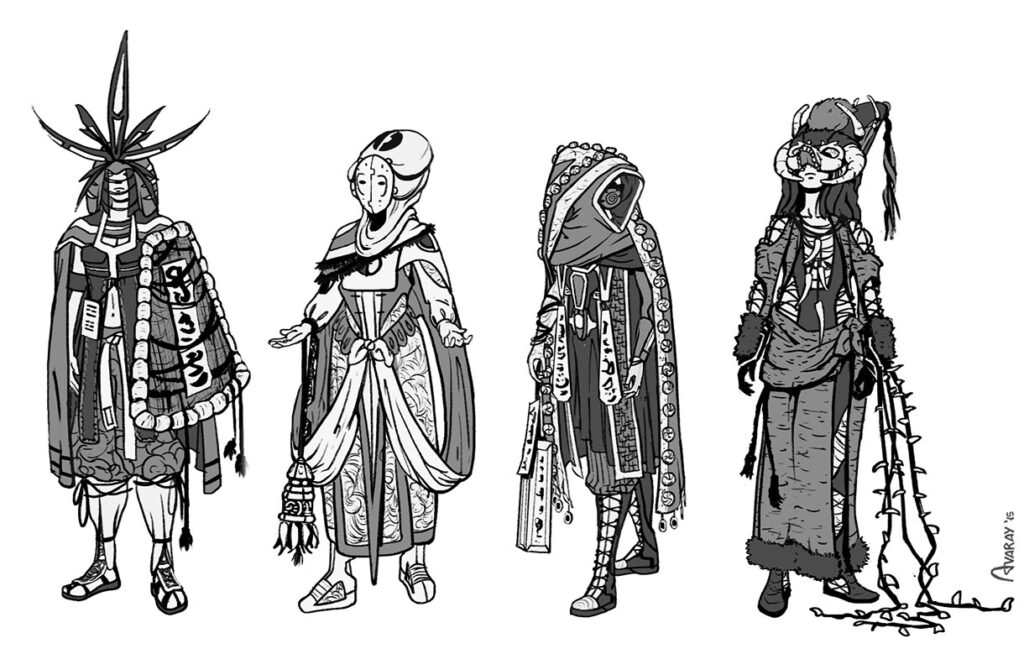 Priestess character designs concept art for game or film by Andrés Avaray - selected line works