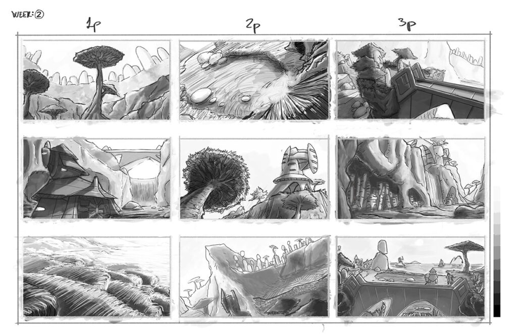 Scenery design exploration views concept art for ancient civilization sciencie fiction fantasy art by Andrés Avaray