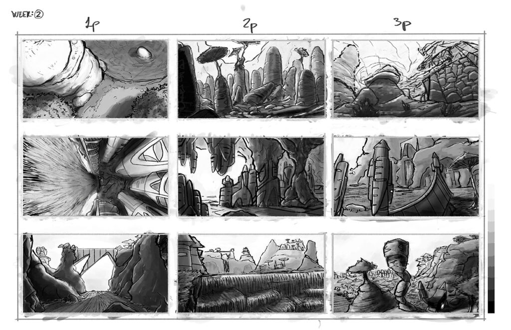 Scenery design exploration views concept art for ancient civilization sciencie fiction fantasy art by Andrés Avaray