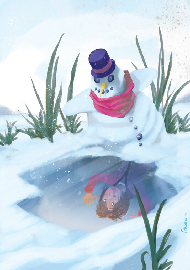 Illustration cartoon digital painting by Andrés Avaray - Snow Doll looking at mirror ice and seeing its child friend