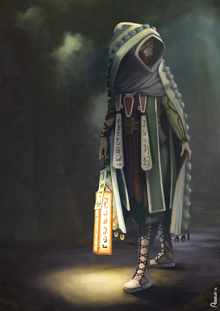 Fantasy young priestess walking at night in the forest carrying a paper lantern - Mistery spiritual ancient shamanic scene - digital painting illustration by Andrés Avaray - Magic character design sorcerer fantasy magic nocturnal clothe design magic card color palettes book shaman art