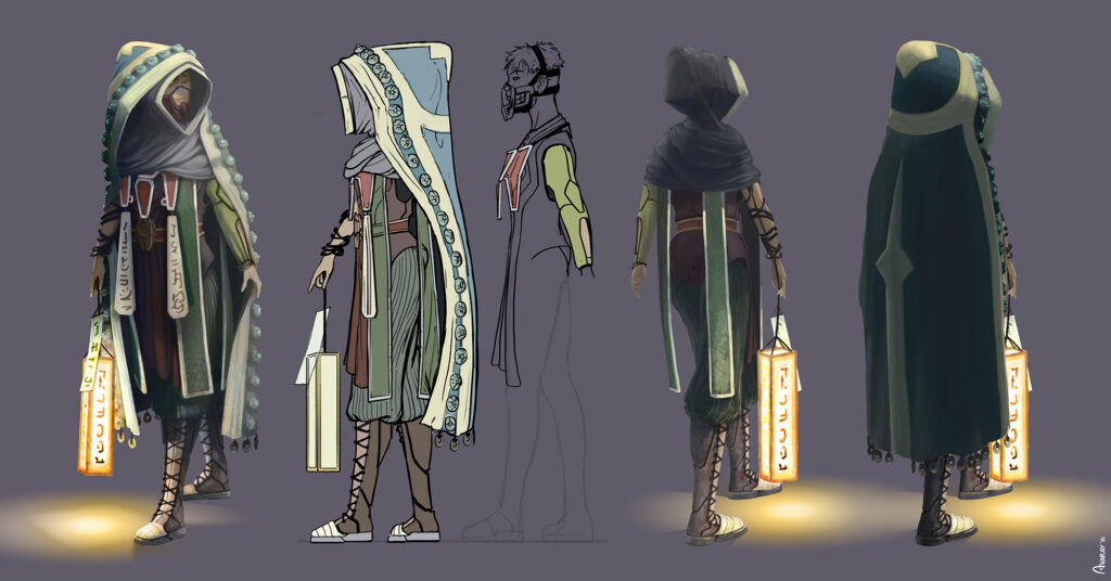 Fantasy young priestess walking at night in the forest carrying a paper lantern - Mistery spiritual ancient shamanic scene - digital painting character concept art by Andrés Avaray - Magic character design sorcerer fantasy magic nocturnal clothe design magic card color palettes book shaman art