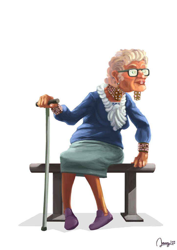 Very old woman with thick glasses in a bench full of make up and jewels awaiting under the sun- Cartoon digital painting illustration by Andrés Avaray