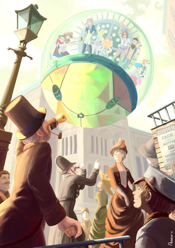 Time tourists - Fantasy digital painting illustration by Andrés Avaray - Digital painting - hipster and young people with smartphones travels back in time in a spherical time machine to victorian London in XIX century, where people protest because of too much tourists