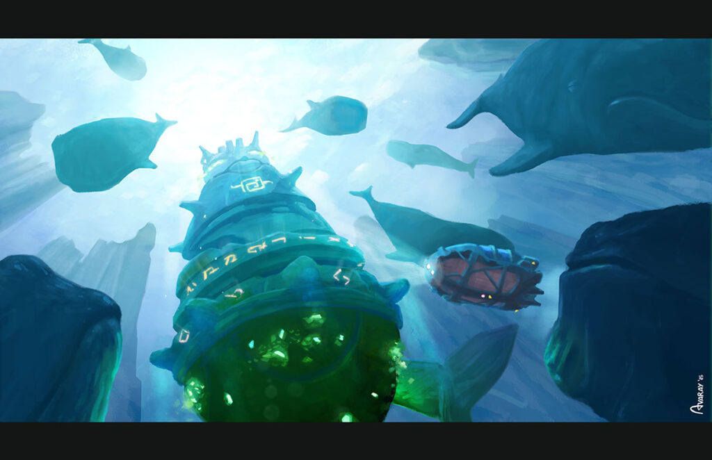Sleeping whales and the peace and serenity undersea surrounding a strange fantasy ancient monolyth and a steampunk submarine vehicle is exploring the scene - digital painting illustration concept art by Andrés Avaray - magic visual poetry dream color palettes creature scenery vehicle art, enviroment book vehicle shamanic relic