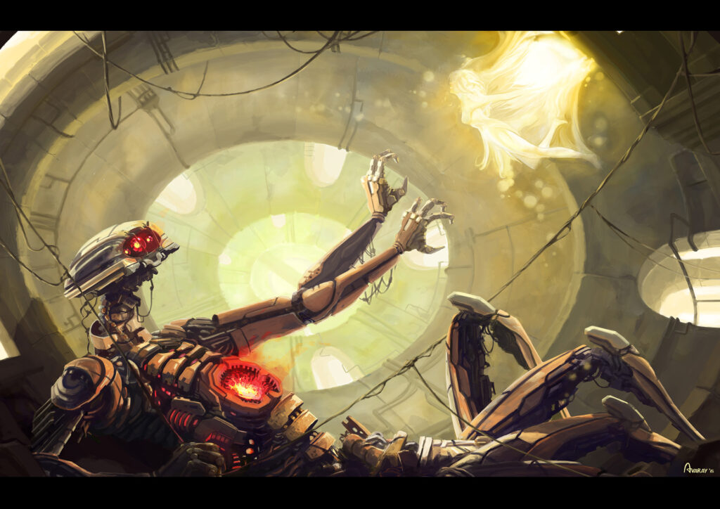 Giant old junk robot abandoned in a well trying to make contact with femenine light hope spirit manifesting by Andrés Avaray - Saint Patrick's well in Orvieto, Italy, girl spirit ghost ancient ruins antique buildings - digital painting illustration concept art - concept art creature character game scenery enviroment color palettes scify robot mecha art postapocalyptica visual poetry technology art giant creatures