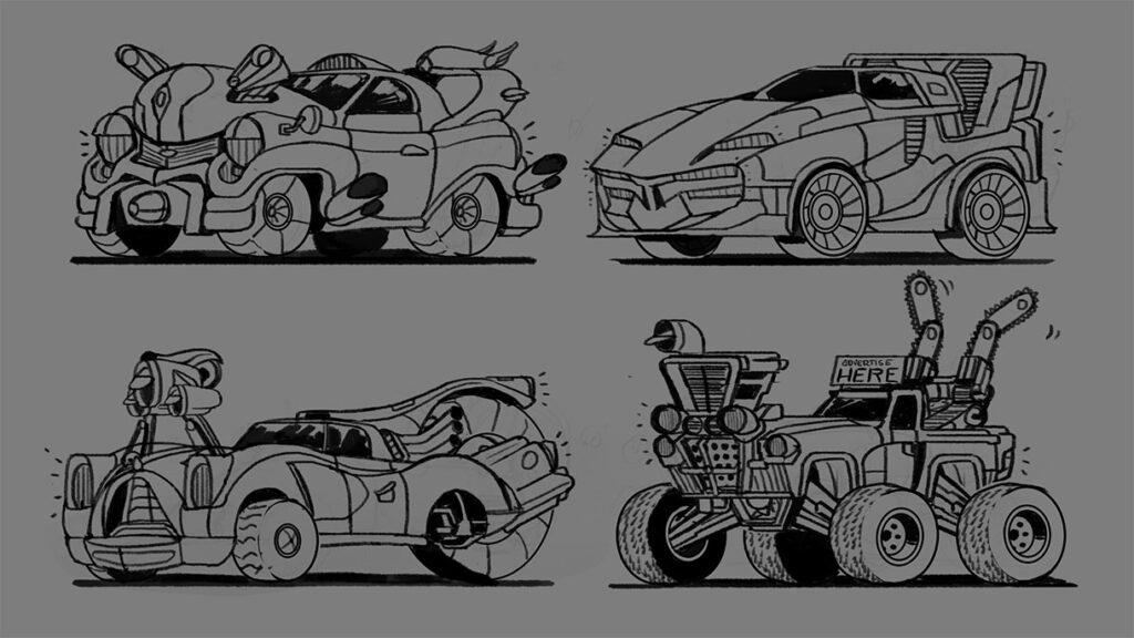 Cartoon_Deformed_Cars concept art for video game or animation - illegal racing modified cars