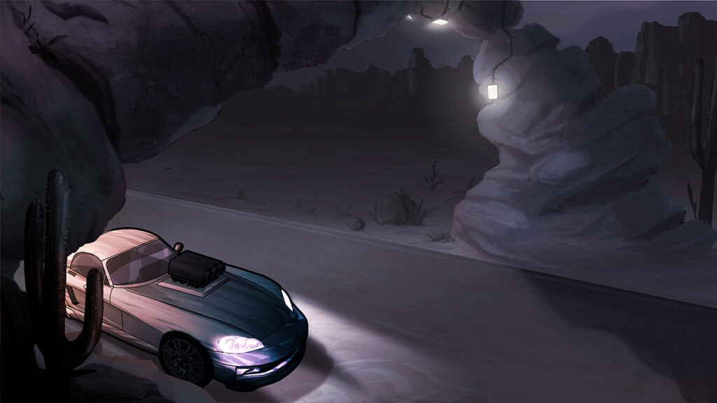 Digital painting concept background - Western american desert road - Car & scenery at night