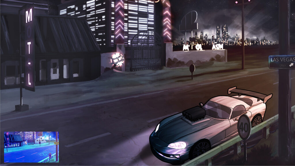 Digital painting concept background - Western american desert road - Car & scenery at night