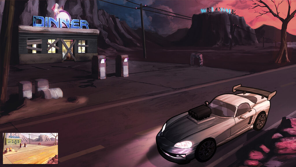 Digital painting concept background - Western american desert road - Car & scenery at night