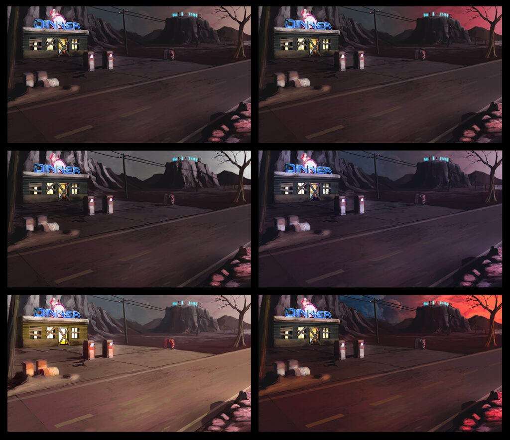 Digital painting concept background for film o videogame - Western american desert road (III) - Light and color variations