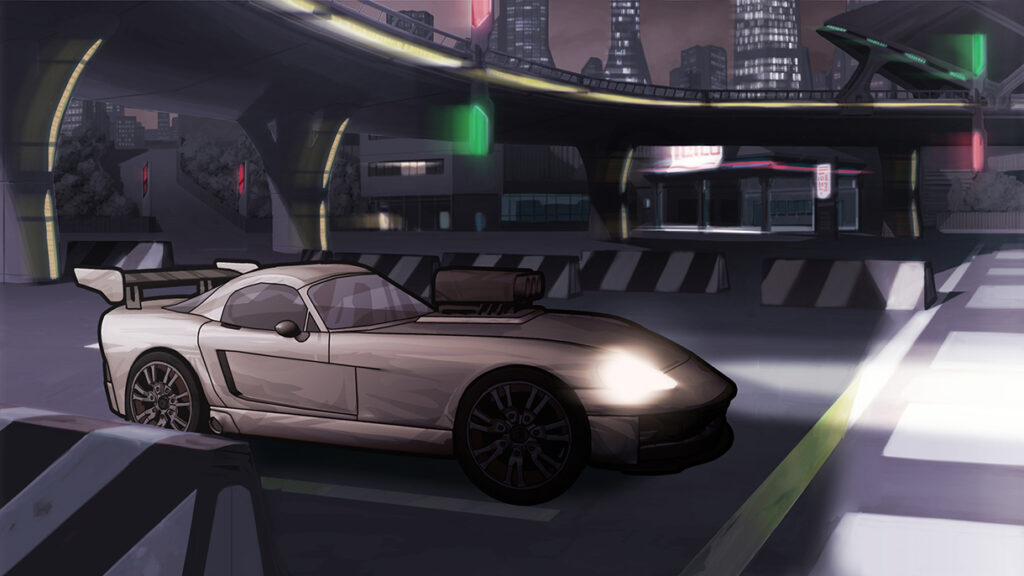Digital painting concept background - Modern highway - Car & scenery at night