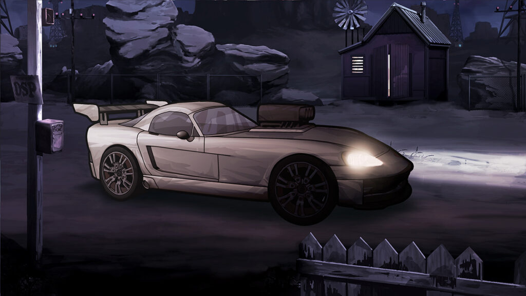 Digital painting concept background - Western american desert road - Car & scenery at night