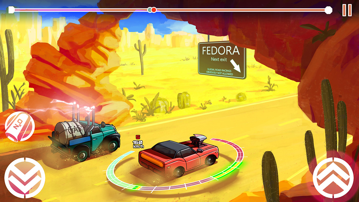 Digital painting concept - Western american desert road - Cartoon videogame and two cell shading rendered cars on an illegal race