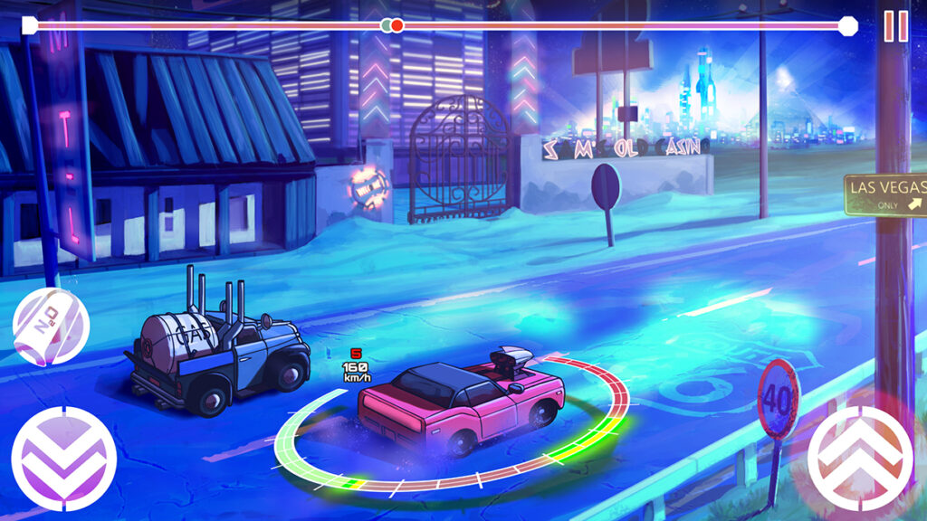 Digital painting concept - Western american desert road - Cartoon videogame and two cell shading rendered cars on an illegal race at night plus abandoned motels