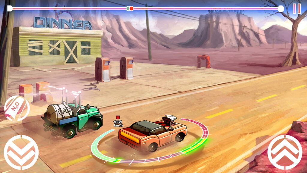 Digital painting concept - Western american desert road - Cartoon videogame and two cell shading rendered cars on an illegal race plus abandoned fuel station