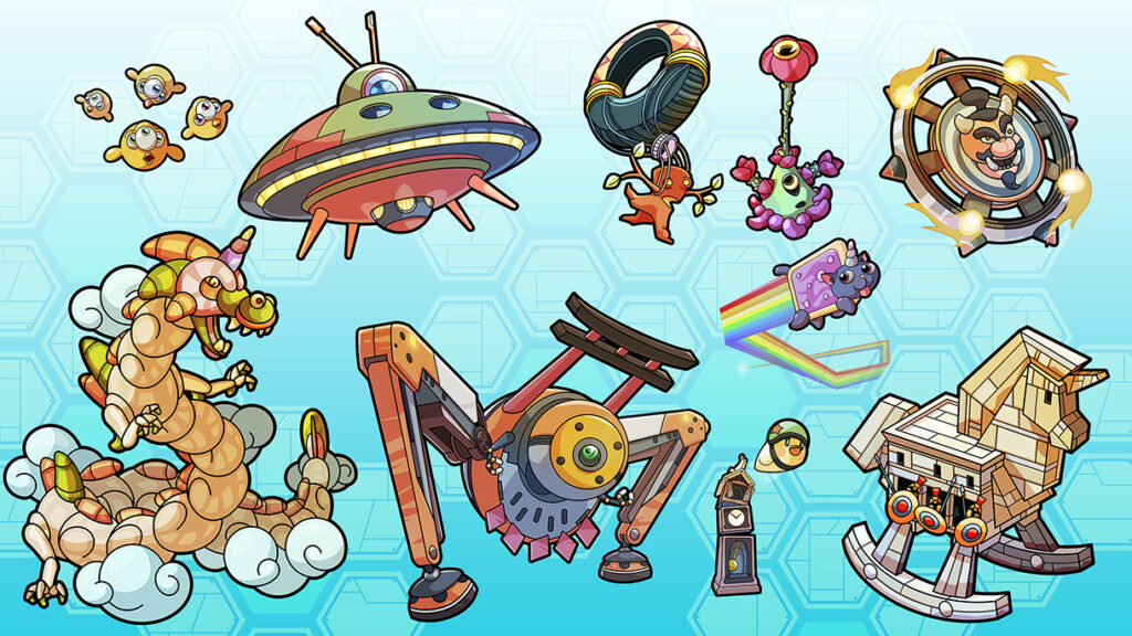 Mixee labs - Game character design - Concept art, chinese dragon, giant industrial mecha robot, cuckoo clock, toy trojan wooden horse, japanese demon on a wheerl, alien plant, mutant chickens, cyclops UFO by Andrés Avaray