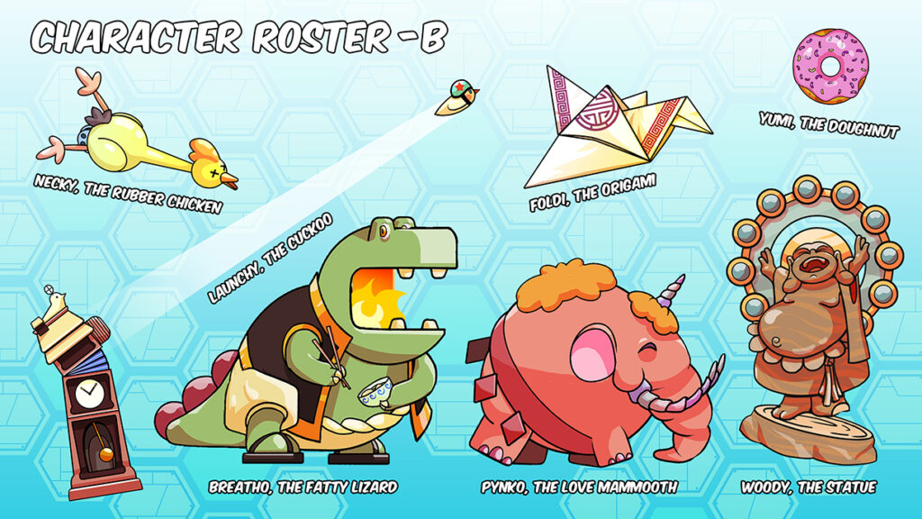Cartoon game character roster development by Andrés Avaray - Necky the rubber chicken, Launchy the cuckoo, Breatho the fatty lizard, Pynko the love mammooth, Foldi the origami, Yumi the doughnut, Woody the statue