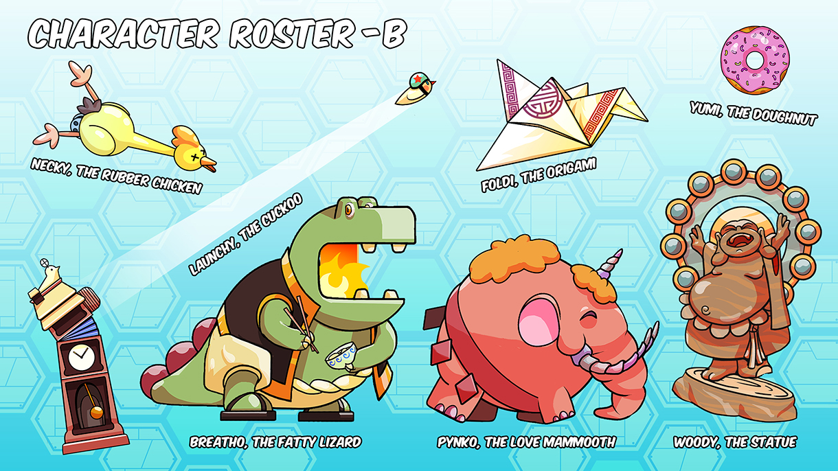 Mixee labs - Game character design - Concept art - lizard breathing fire, pink unicorn elephant, woody buddha, doughnut, origami crane, rubber chicken with a pulley and a cuckoo clock